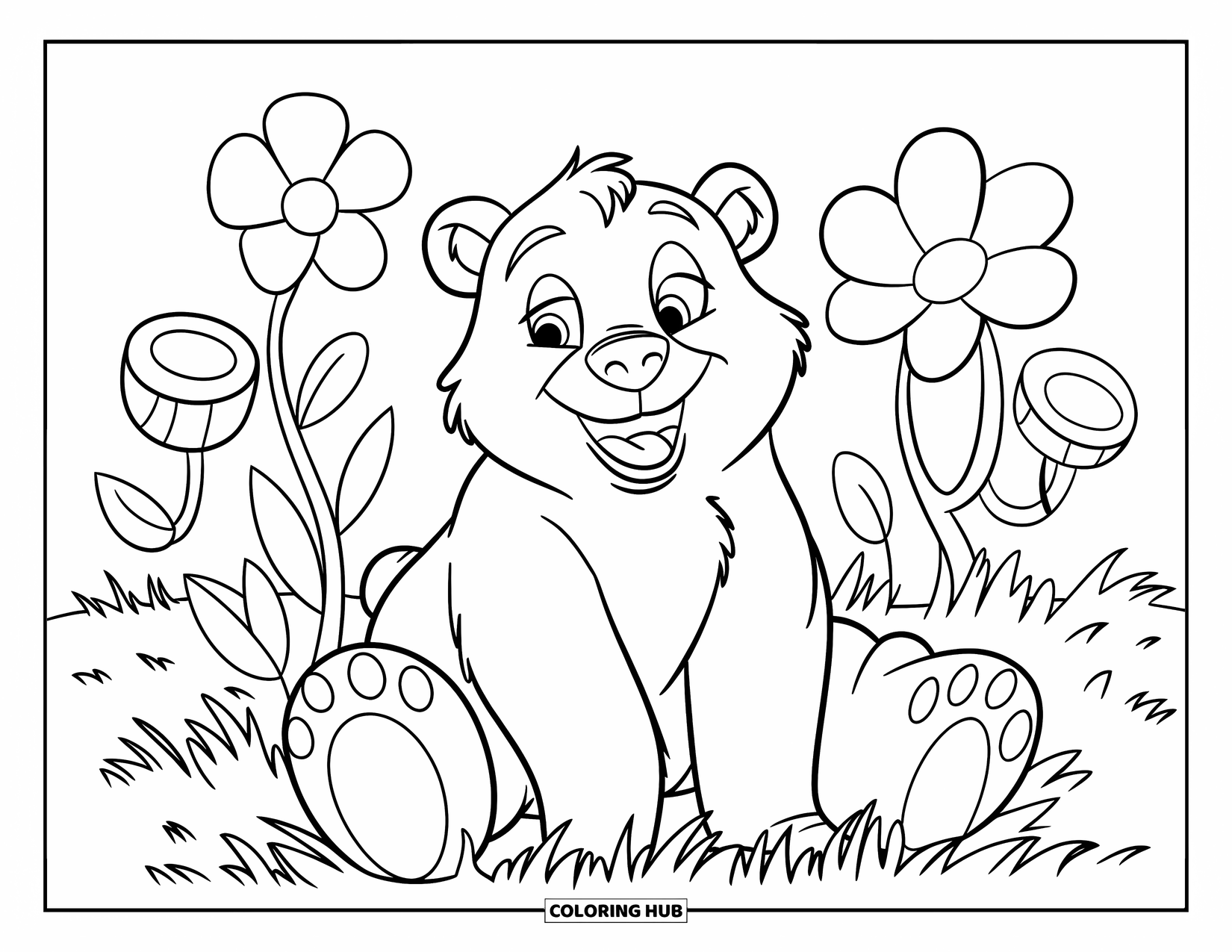Bear Coloring Page for Kids: A cheerful red-shirted bear sits in a meadow with large bold flowers