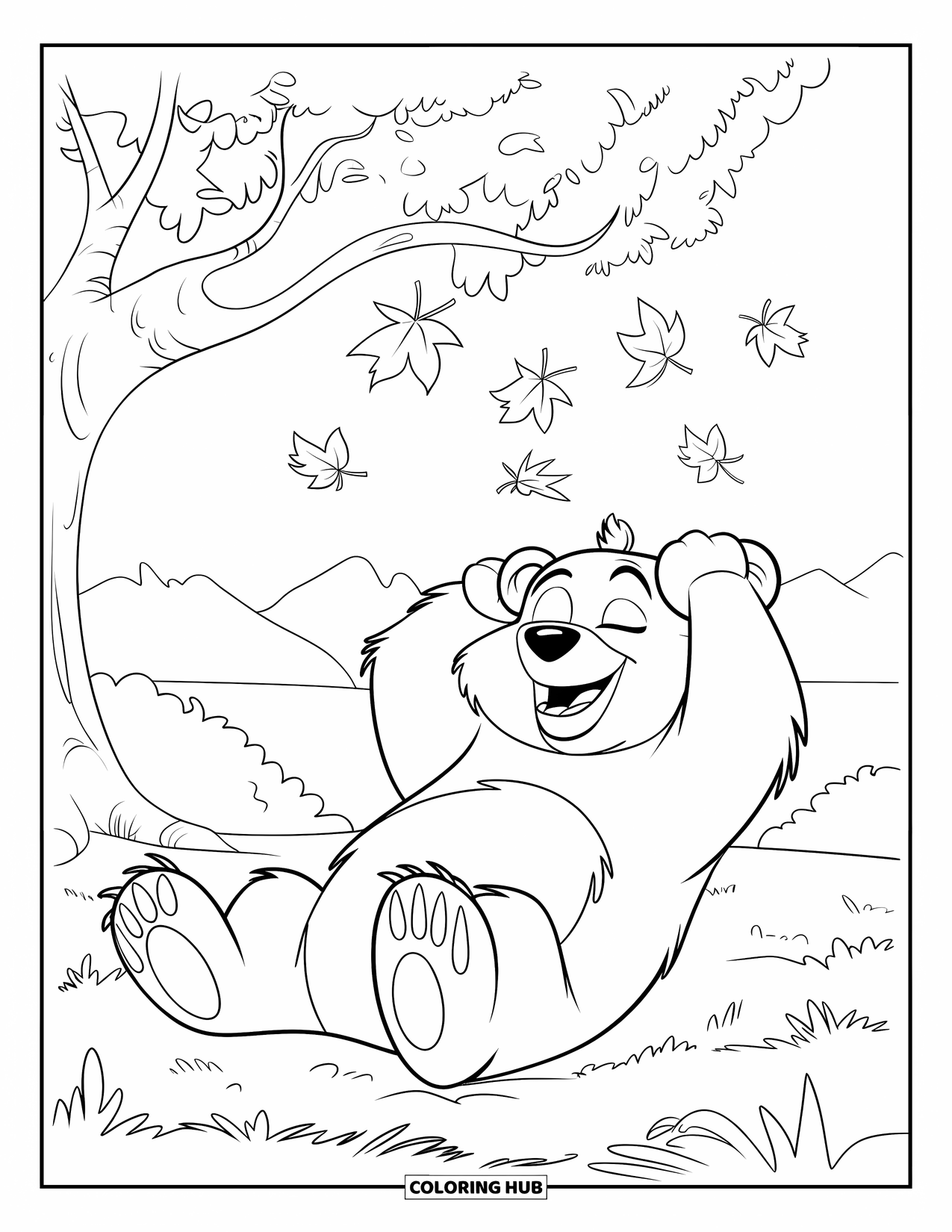 Bear Coloring Page for Kids: A content bear lies beneath a tree, surrounded by swirling autumn leaves