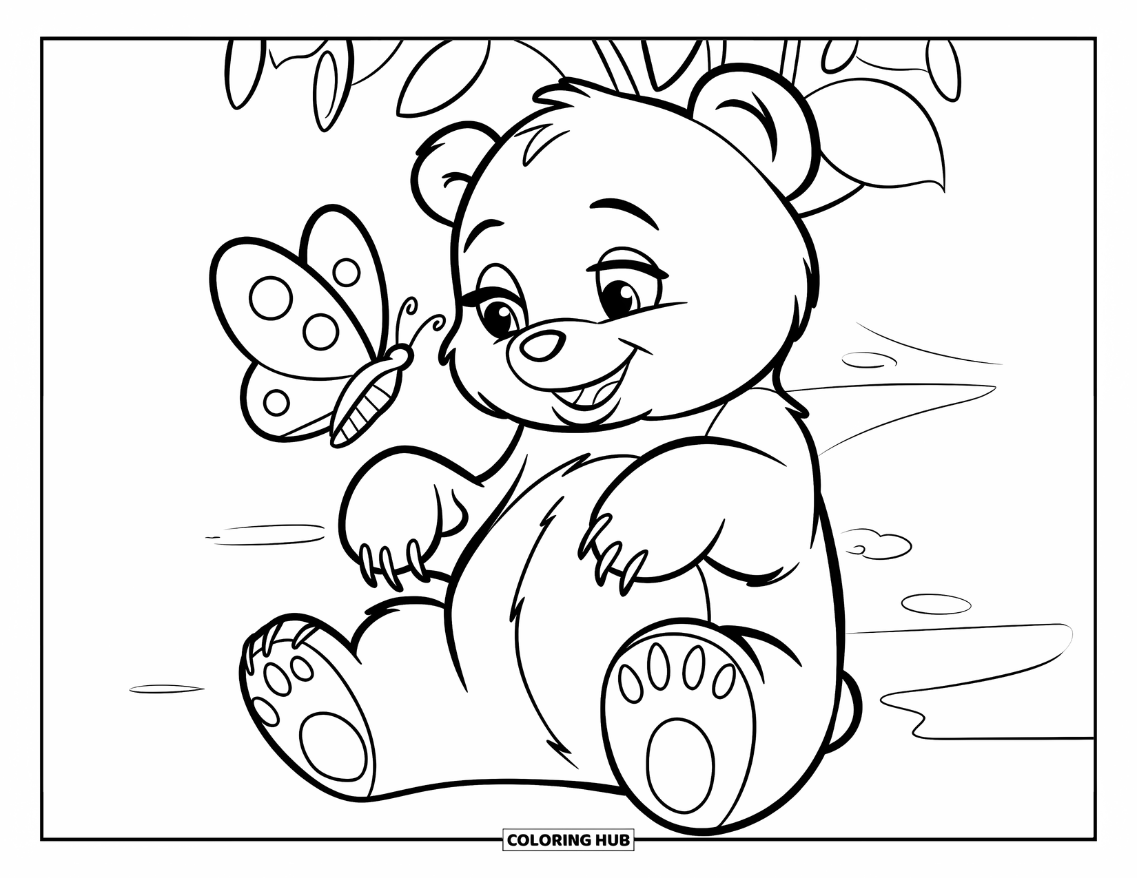 Bear Coloring Page for Kids: A curious bear reaches out as a butterfly flutters near its nose