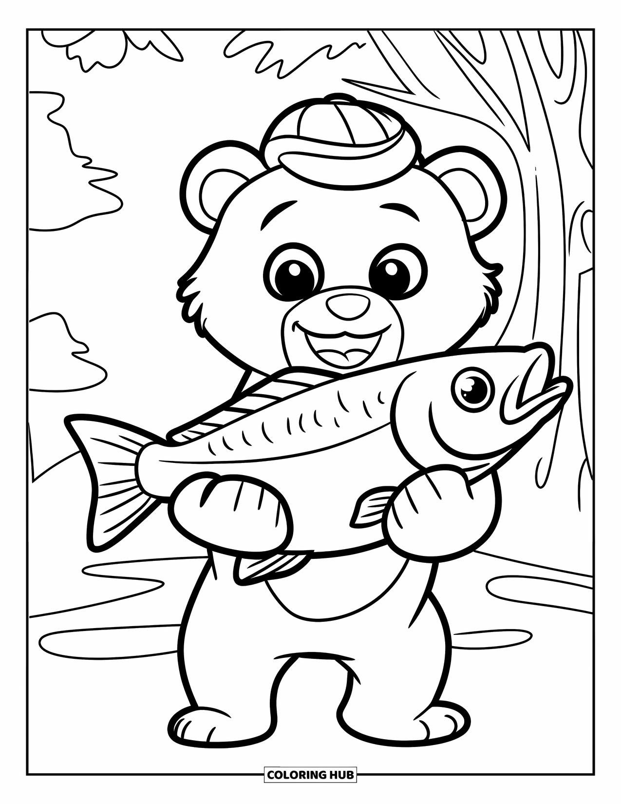 Bear Coloring Page for Kids: A cute bear in a hat holds a large fish with a tree behind
