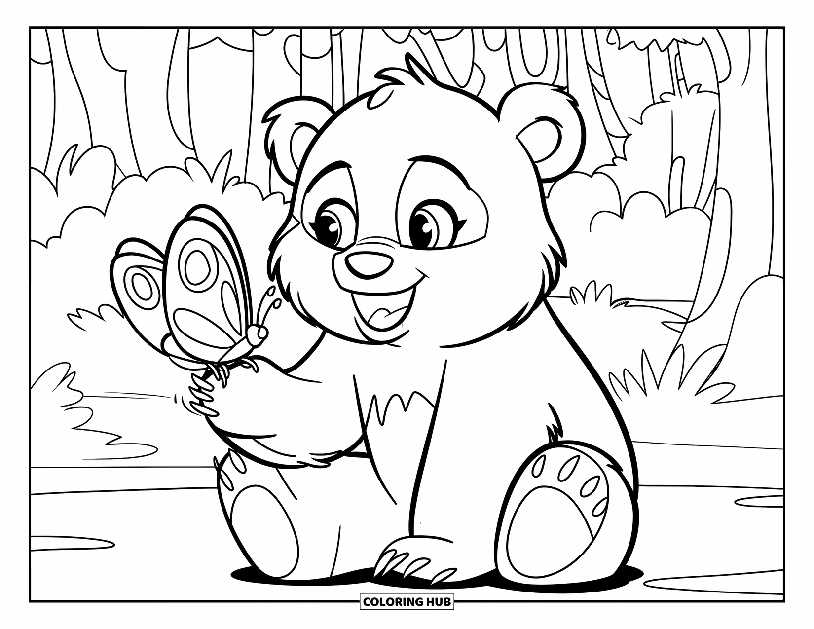 Bear Coloring Page for Kids: A happy bear sits with a butterfly perched on its paw, surrounded by trees