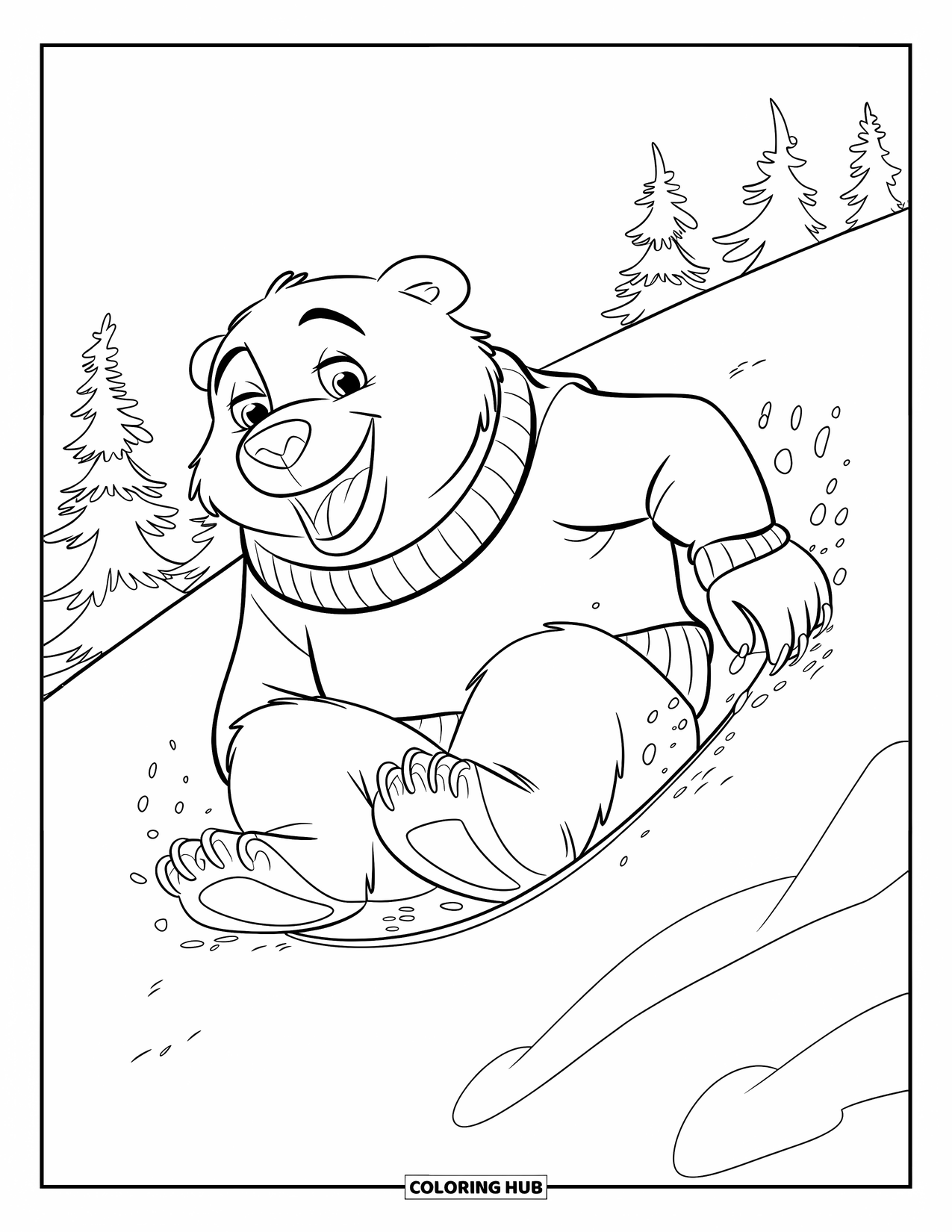 Bear Coloring Page for Kids: A happy polar bear slides down a hill, surrounded by snow-covered pine trees