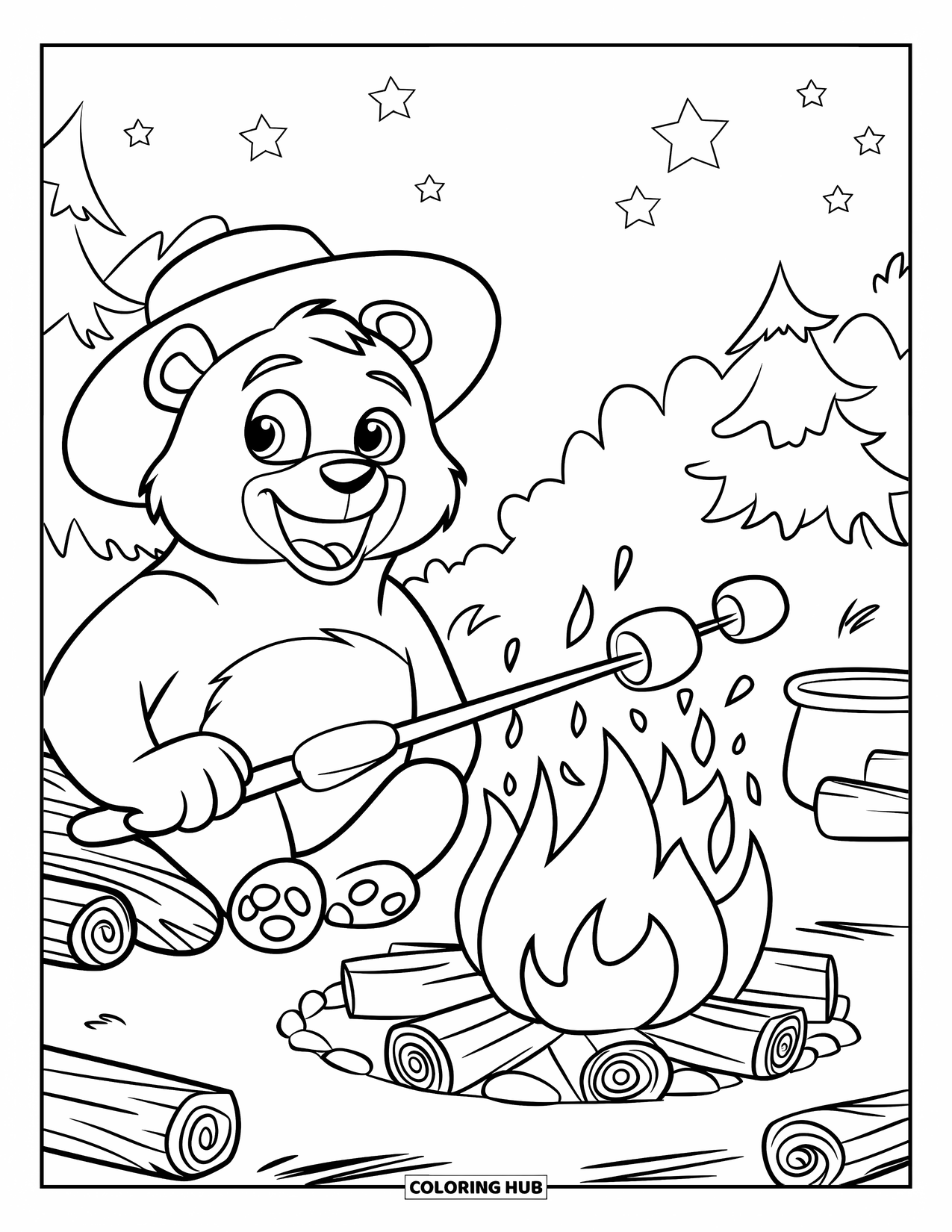 Bear Coloring Page for Kids: A hat-wearing bear roasts marshmallows at a campfire with logs and stick beneath stars
