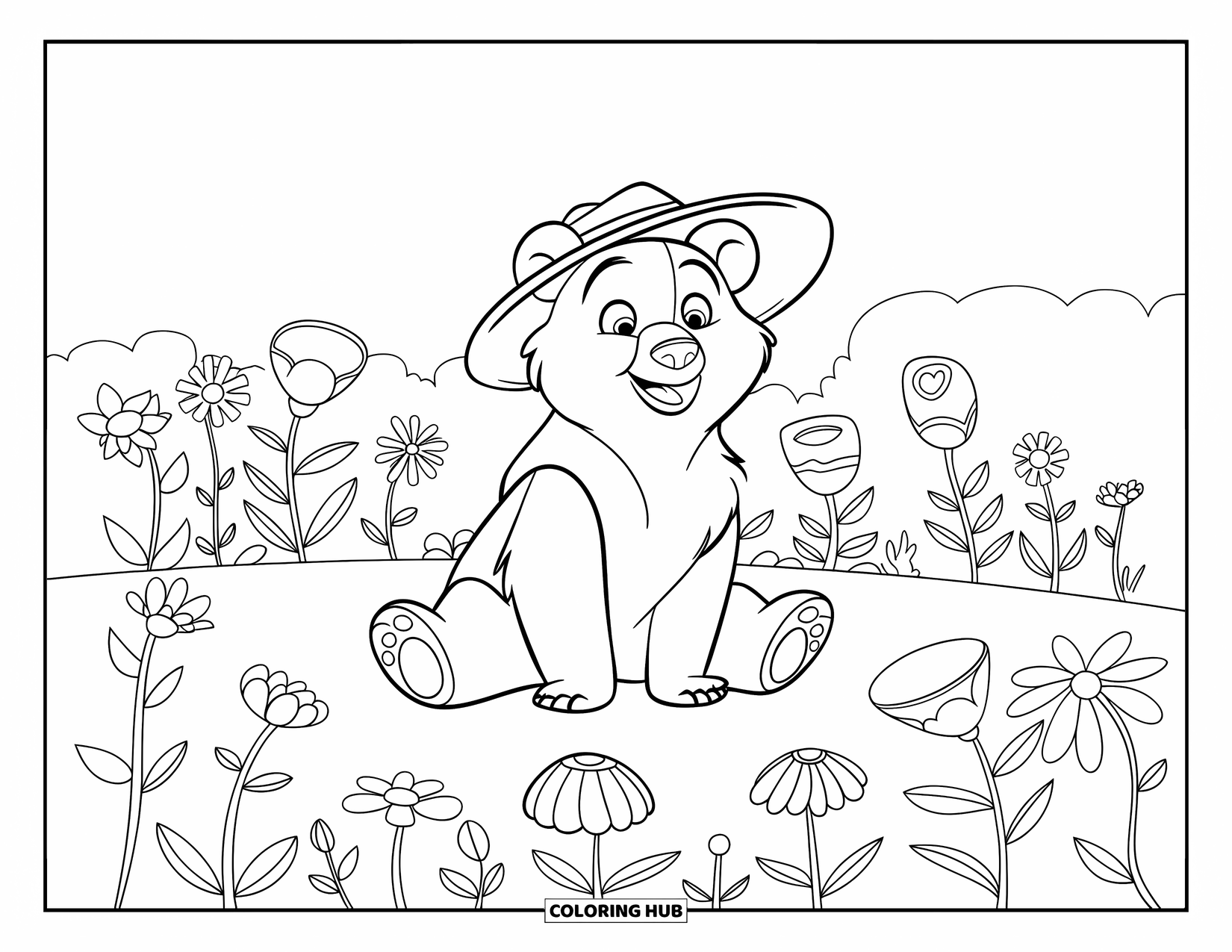 Bear Coloring Page for Kids: A hat-wearing bear sits in a meadow with large flowers under a sky