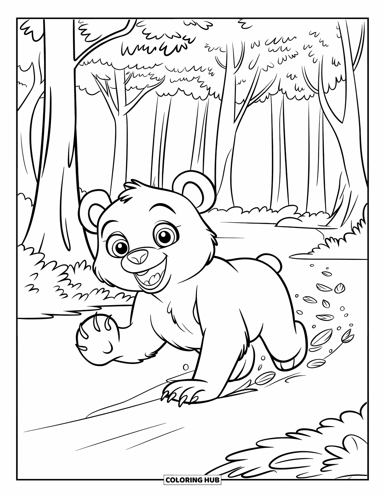 Bear Coloring Page for Kids: A joyful bear runs through the trees, eyes wide with excitement