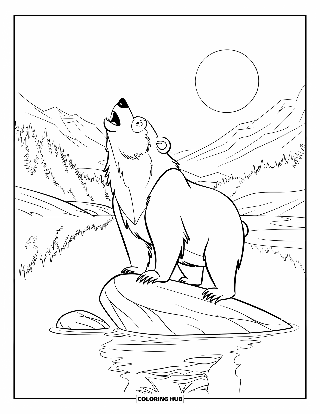 Bear Coloring Page for Kids: A lone bear howls under the night sky, standing tall on a rocky ledge
