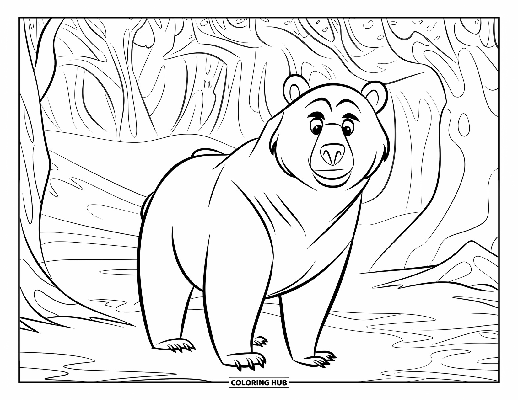 Bear Coloring Page for Kids: A majestic bear gazes through the misty woods, surrounded by ancient trees
