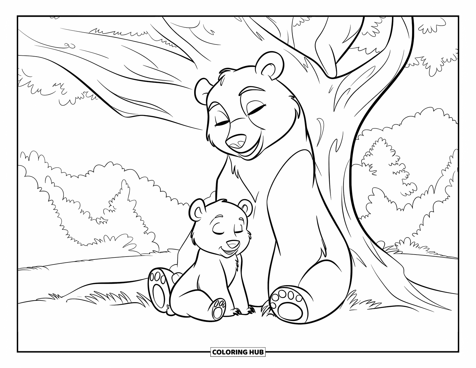 Bear Coloring Page for Kids: A mother bear and her cub share a tender moment beneath a shady forest tree