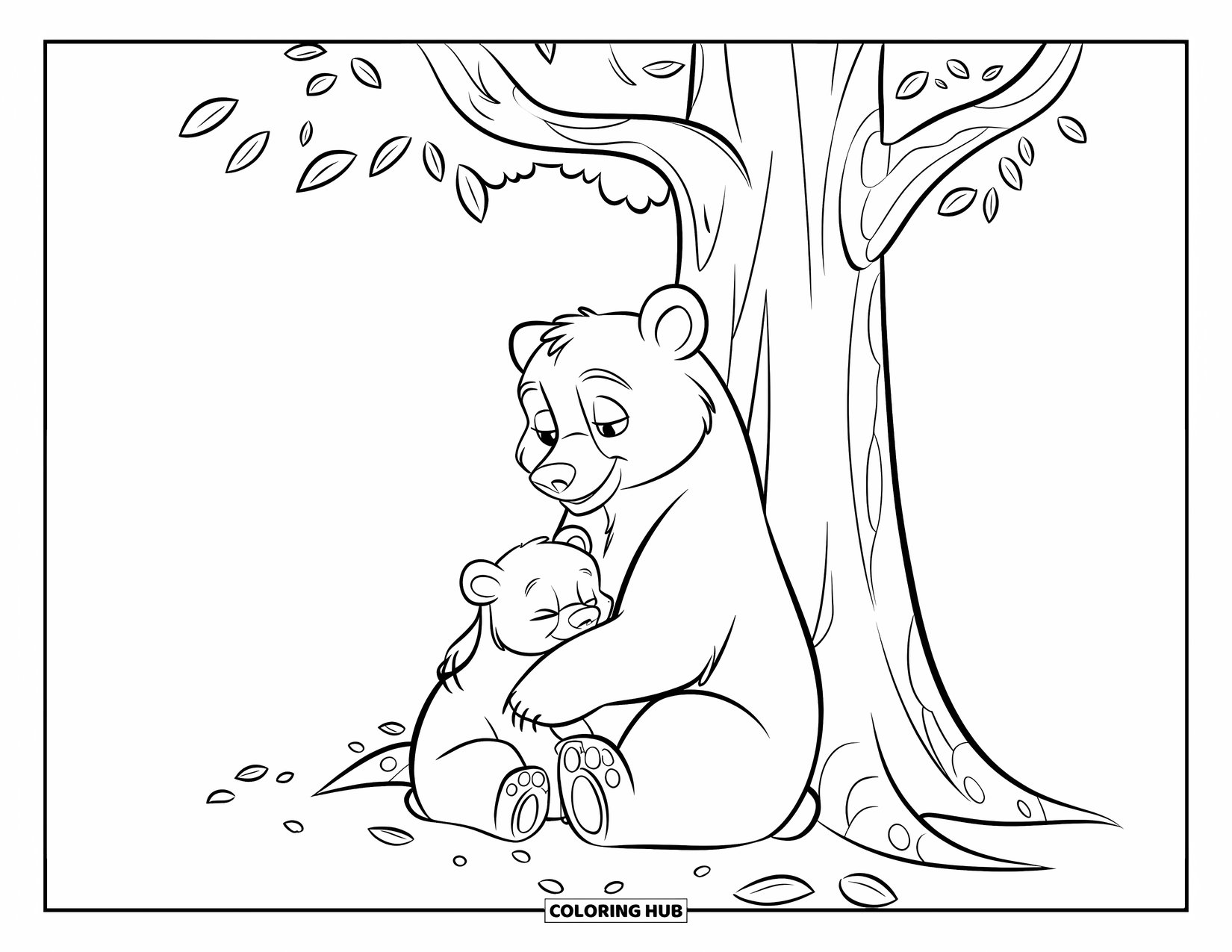Bear Coloring Page for Kids: A mother bear holds her cub close as they rest under a tall, leafy tree