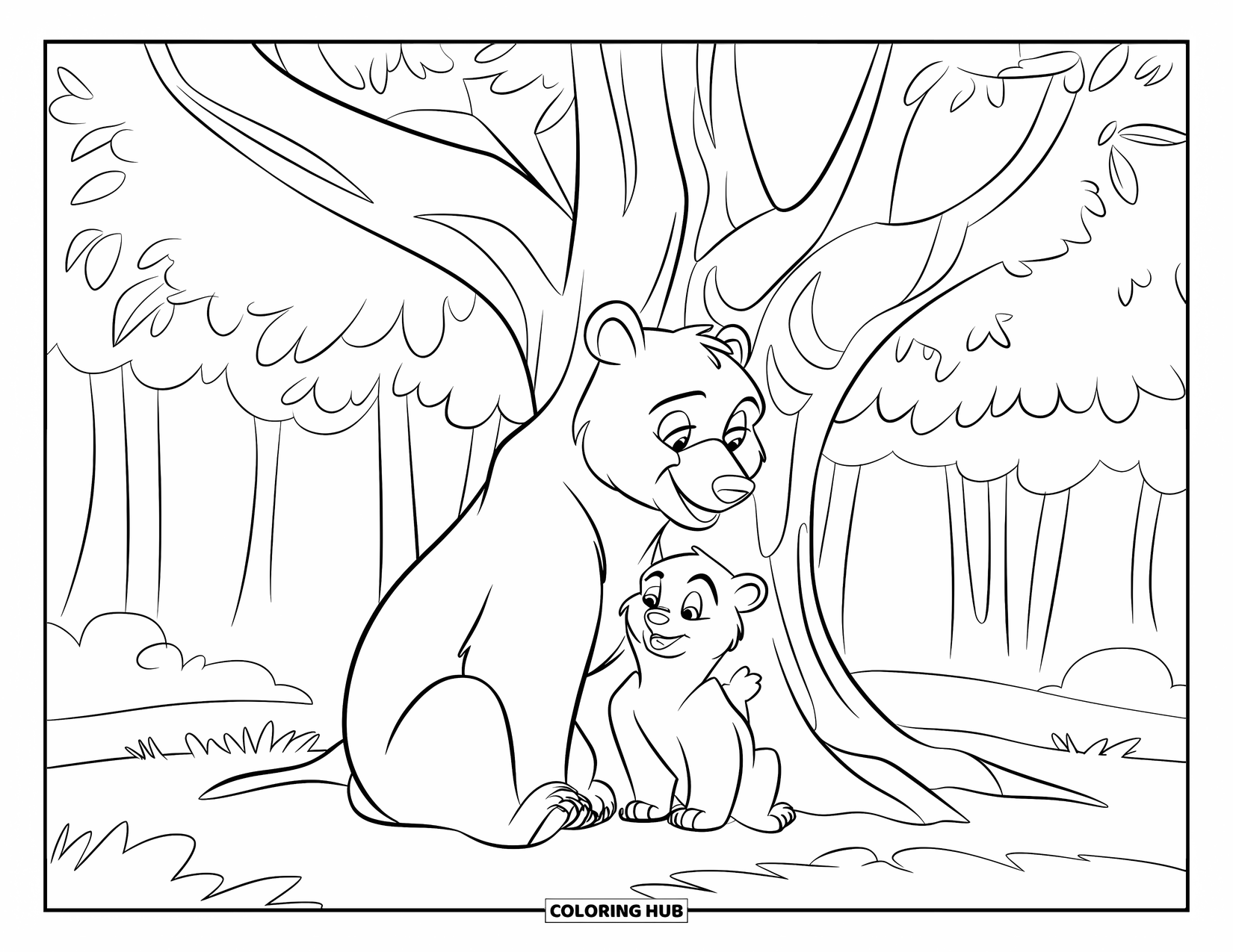 Bear Coloring Page for Kids: A mother bear lovingly cuddles her cub beneath the shade of a large tree