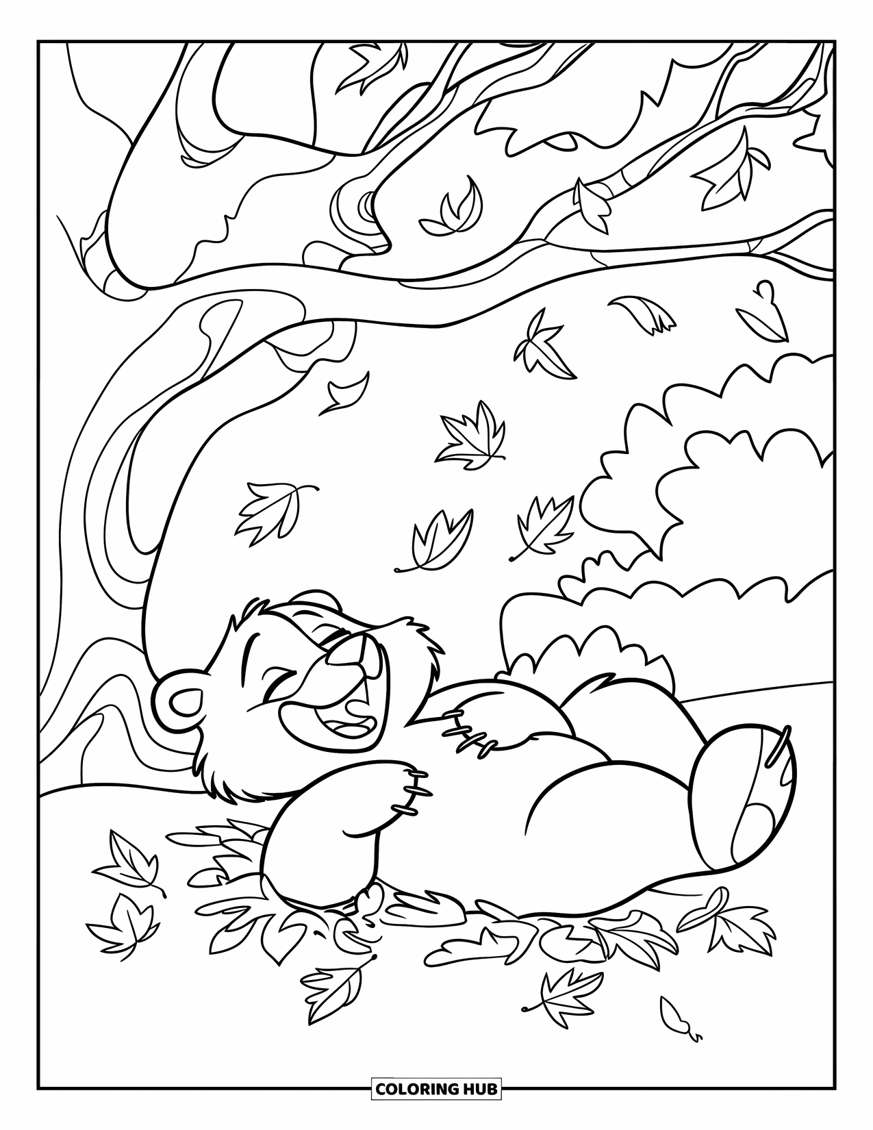 Bear Coloring Page for Kids: A peaceful bear rests on a pile of leaves as autumn colors fill the air