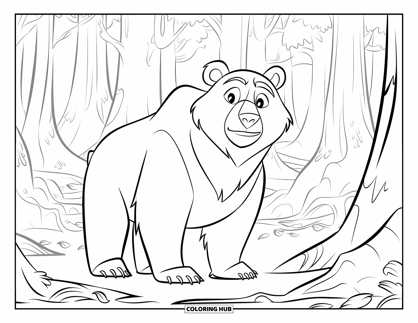 Bear Coloring Page for Kids: A peaceful bear stands in a foggy forest surrounded by towering trees