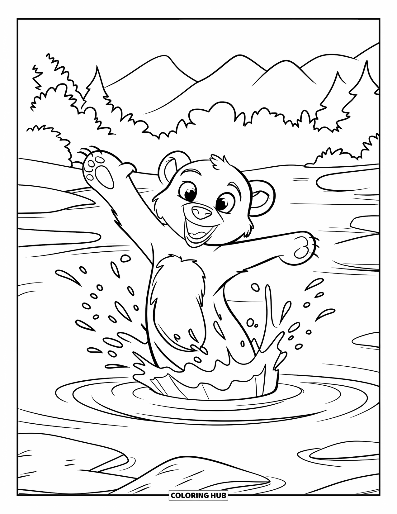 Bear Coloring Page for Kids: A playful bear cub lifts its paw to splash water by trees and mountains