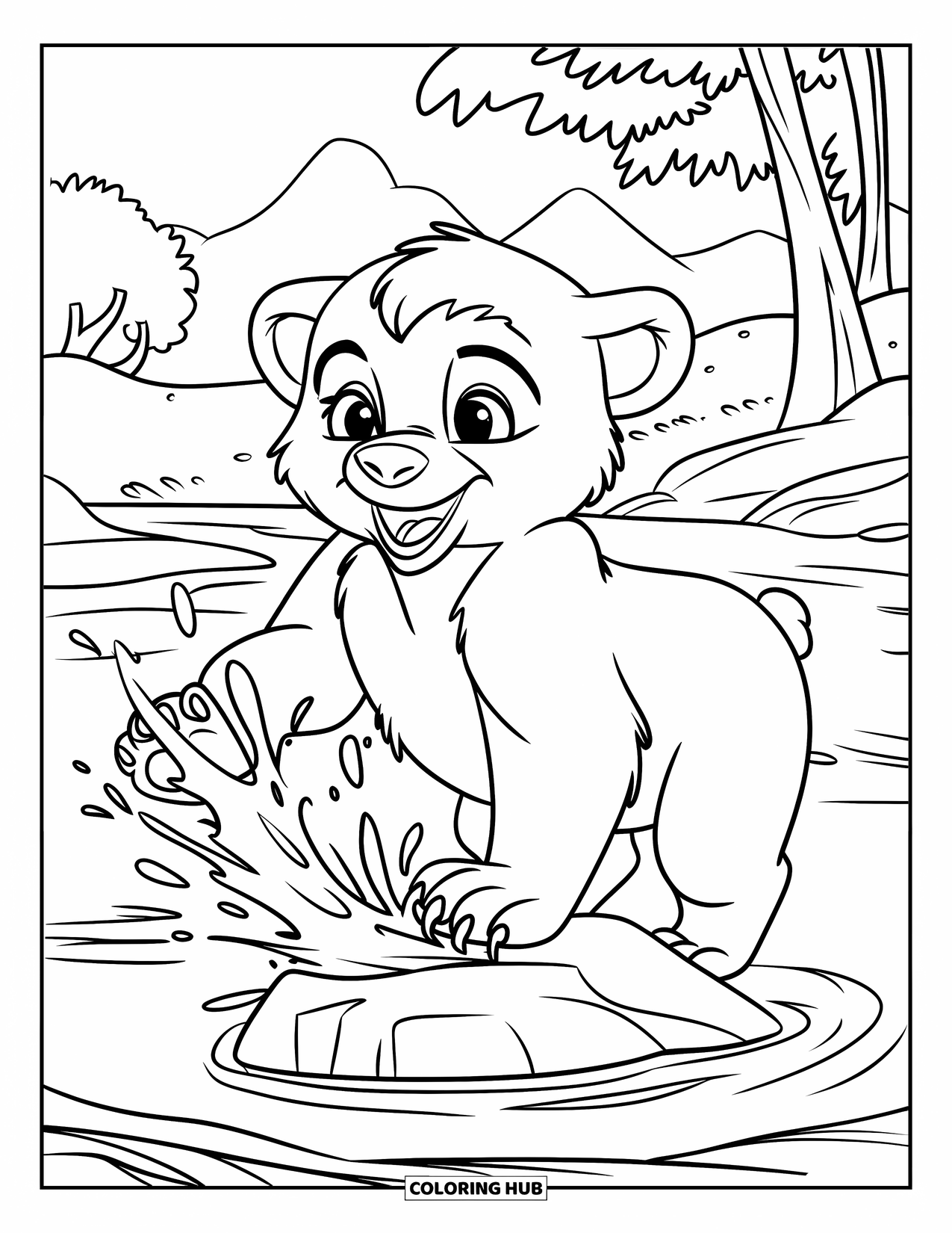 Bear Coloring Page for Kids: A playful bear cub splashes water from a rock near trees and mountains