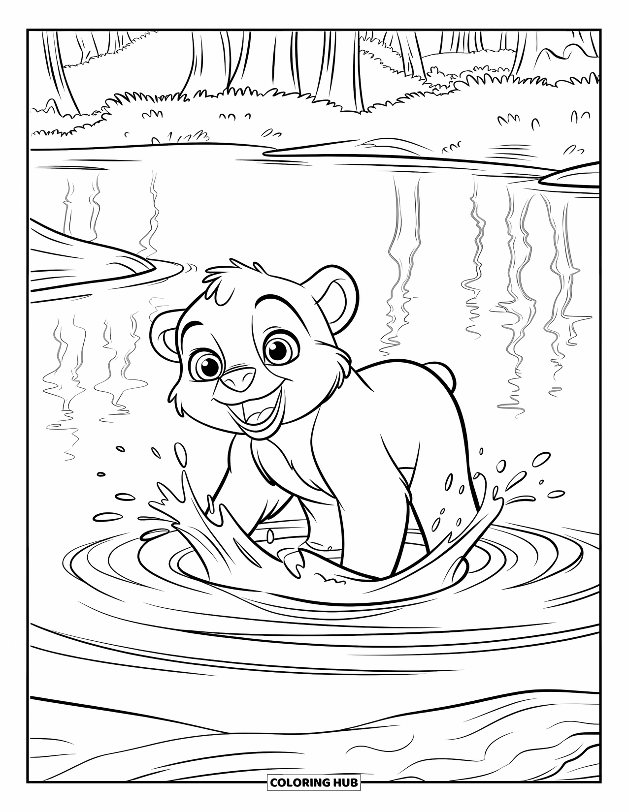 Bear Coloring Page for Kids: A playful bear cub splashes water while standing on a rock in a river