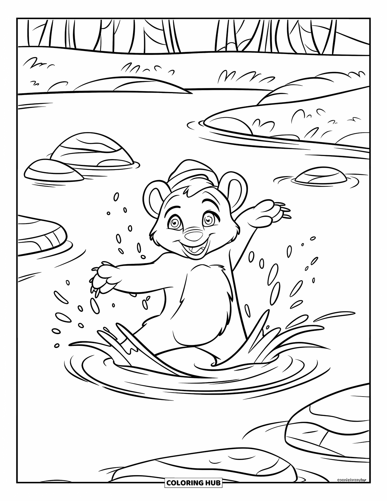 Bear Coloring Page for Kids: A playful bear cub wearing a hat splashes water from a rock amidst trees