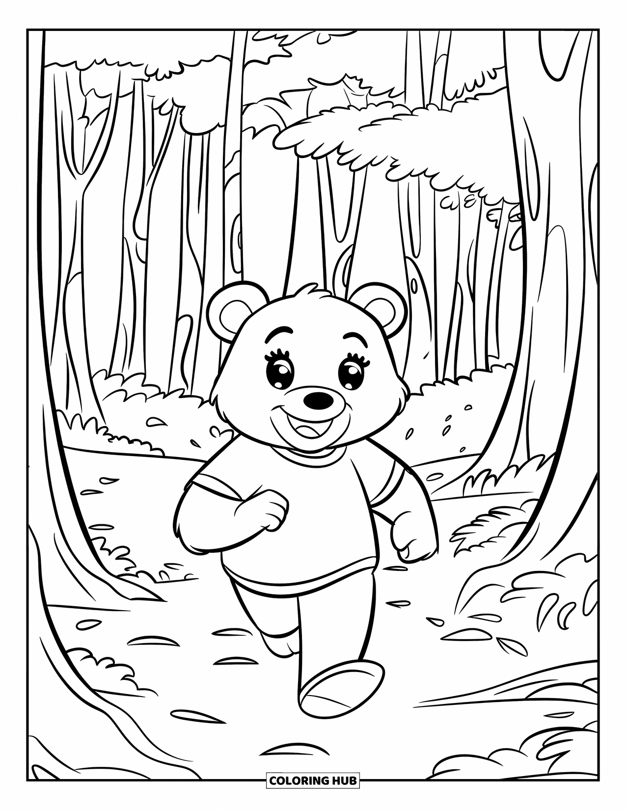 Bear Coloring Page for Kids: A playful bear dashes through the forest, kicking up scattered leaves