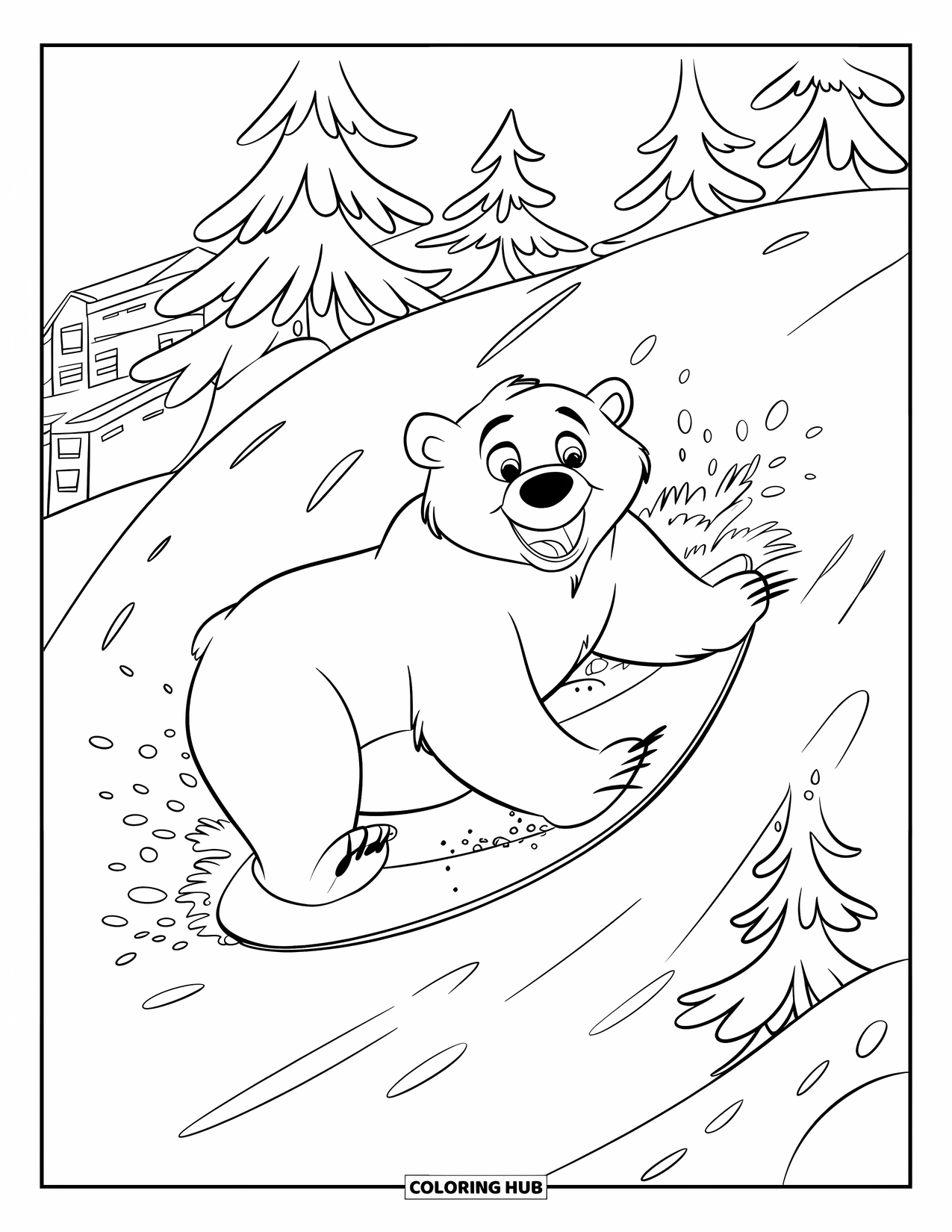 Bear Coloring Page for Kids: A playful polar bear zooms down a snowy hill, enjoying the winter breeze