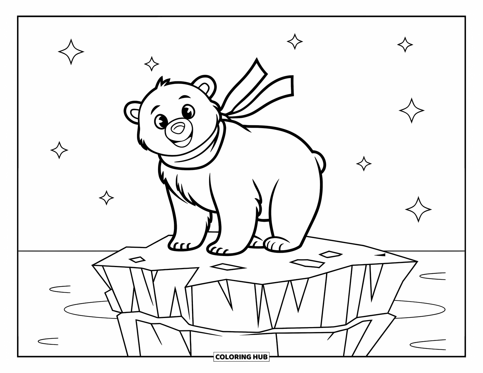 Bear Coloring Page for Kids: A polar bear in a red scarf stands on an iceberg beneath starry sky