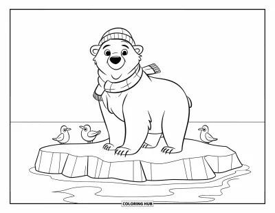 Desen de colorat cu urși pentru copii: Un urs polar cu fular și căciulă stă pe un aisberg, cu păsări deasupra oceanului