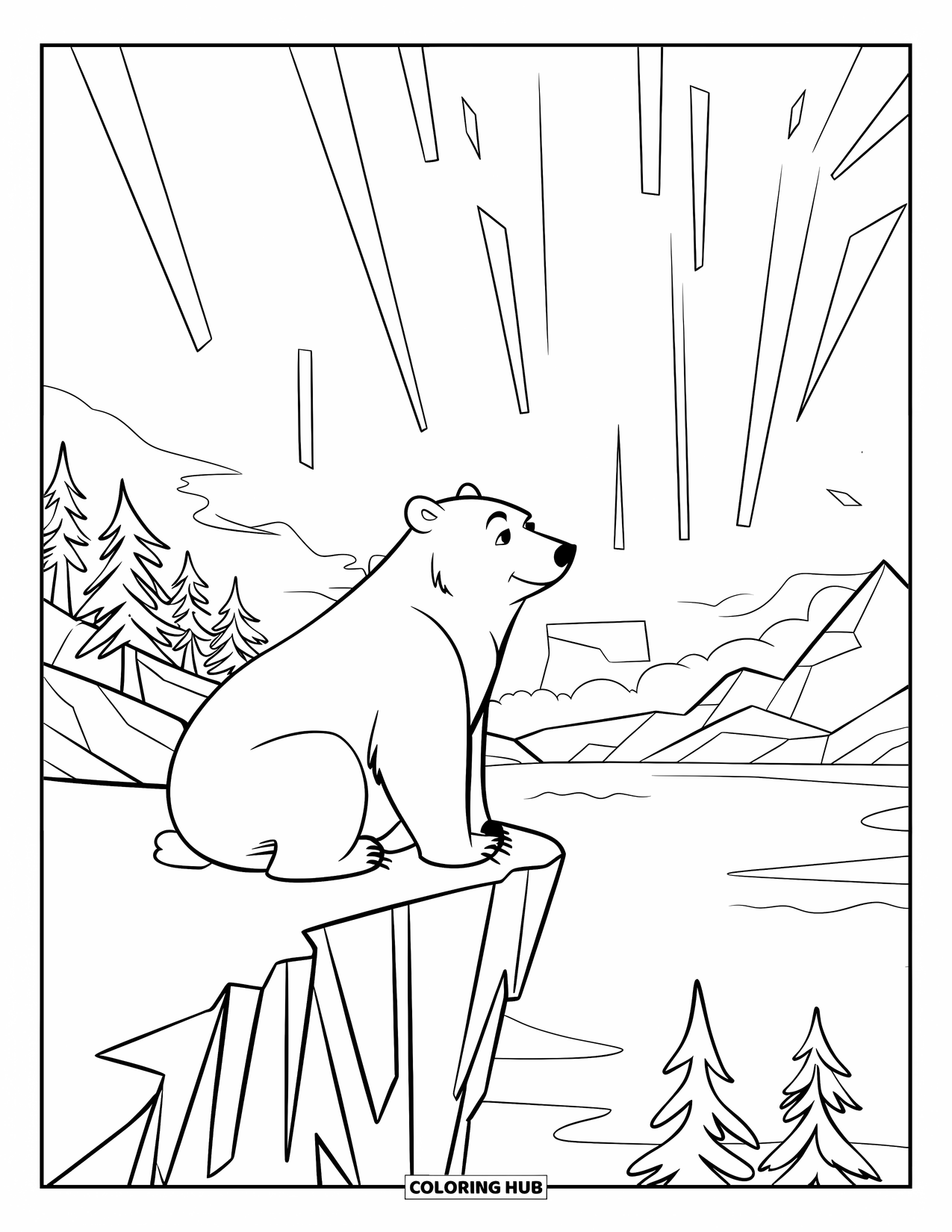 Bear Coloring Page for Kids: A polar bear rests on a snowy cliff, gazing at the northern lights