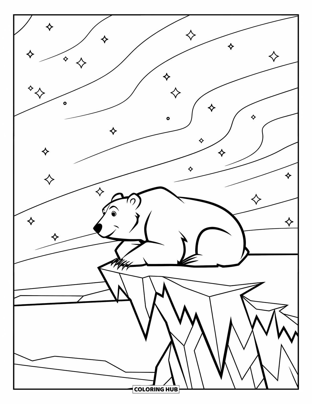 Bear Coloring Page for Kids: A polar bear sits atop a snowy ledge, watching the glowing aurora above