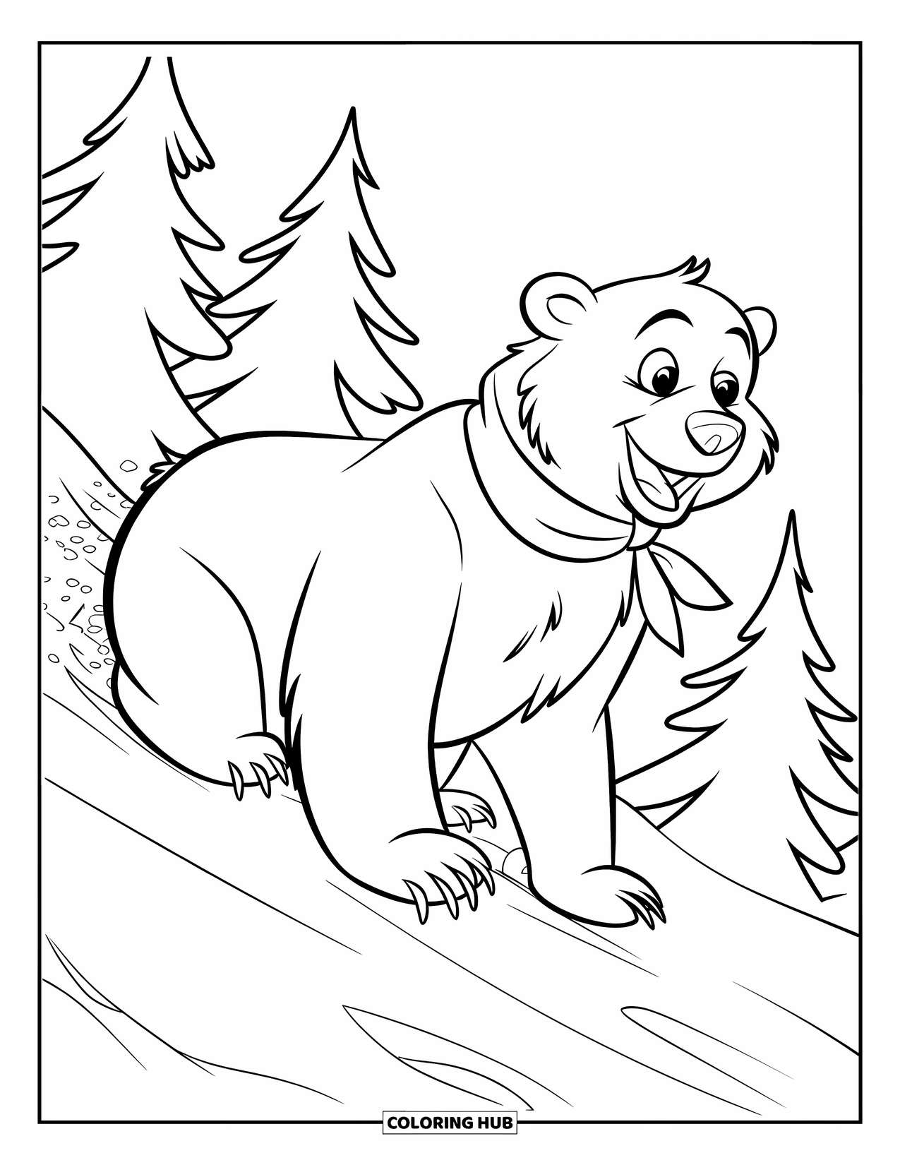 Bear Coloring Page for Kids: A polar bear slides down a snowy hill with a joyful grin