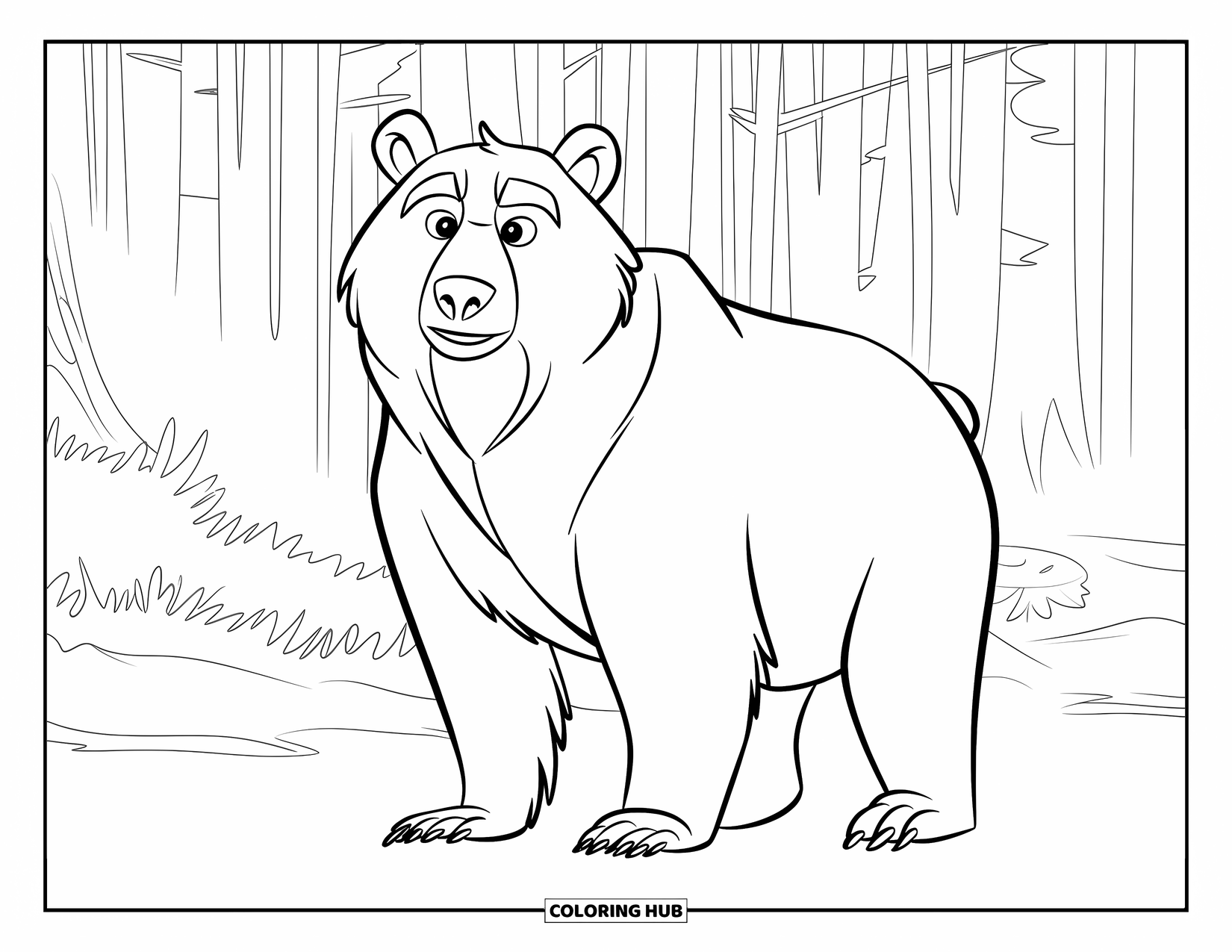 Bear Coloring Page for Kids: A serene bear stands among towering trees, enveloped in a soft mist