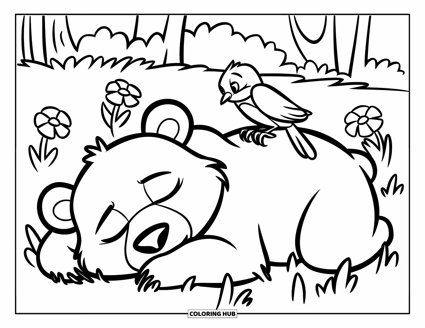 Bear Coloring Page for Kids: A sleeping bear rests peacefully as a small bird perches on its back
