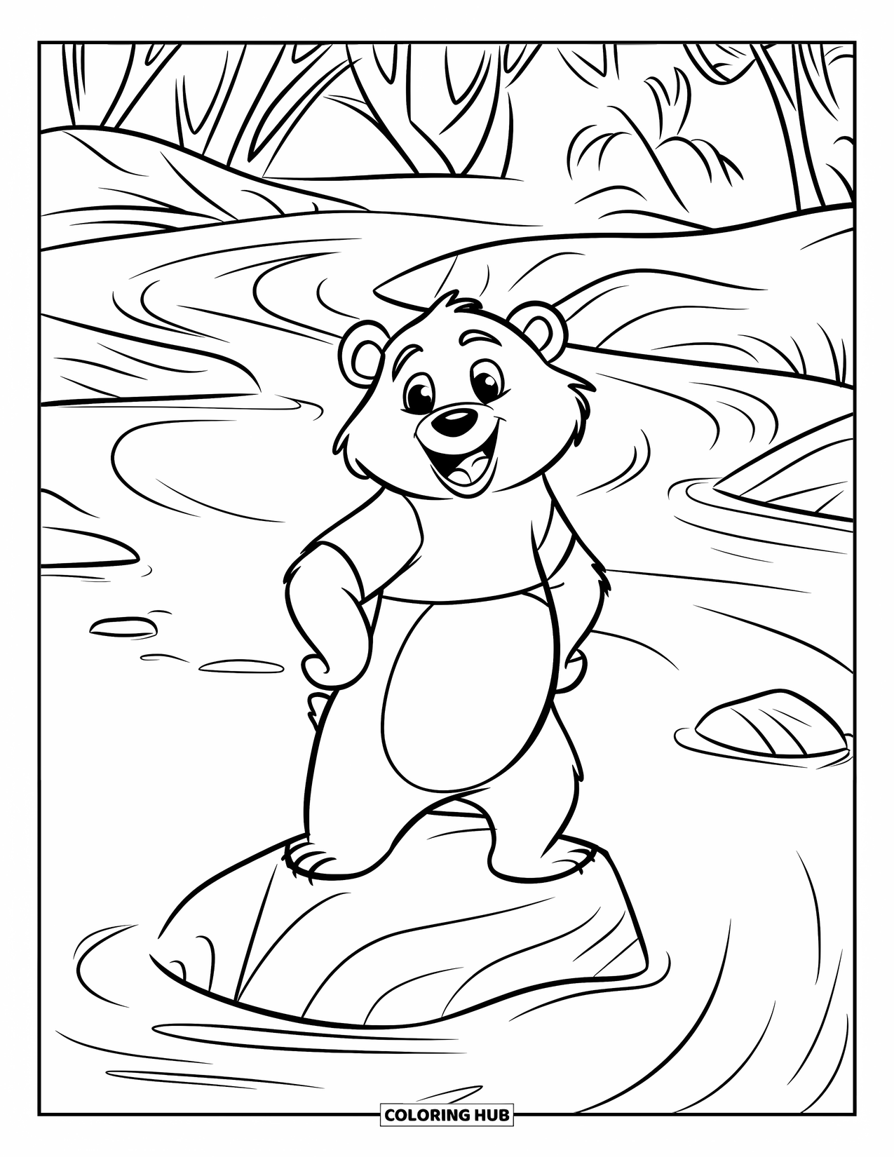 Bear Coloring Page for Kids: A smiling bear stands on a rock, gazing at the flowing river behind it