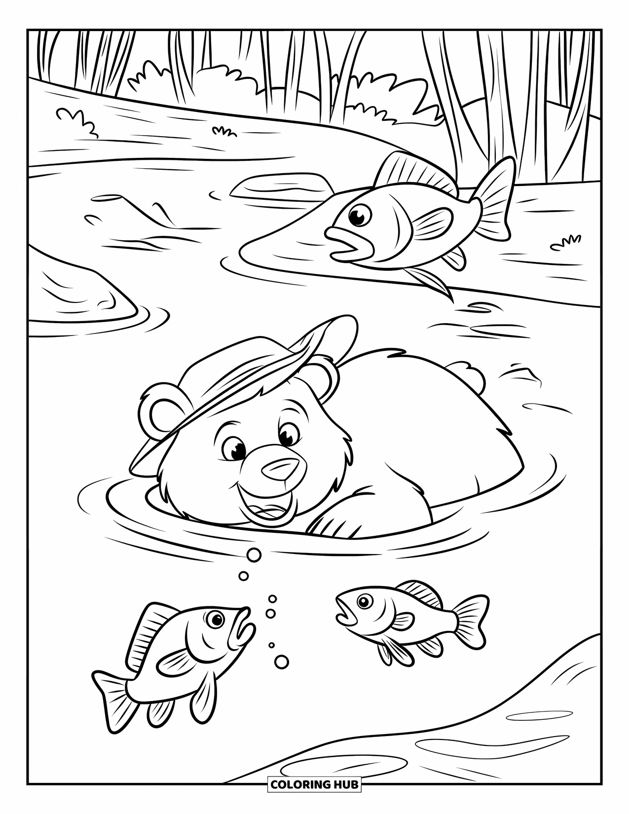 Bear Coloring Page for Kids: A swimming bear watches as fish leap from the sparkling river