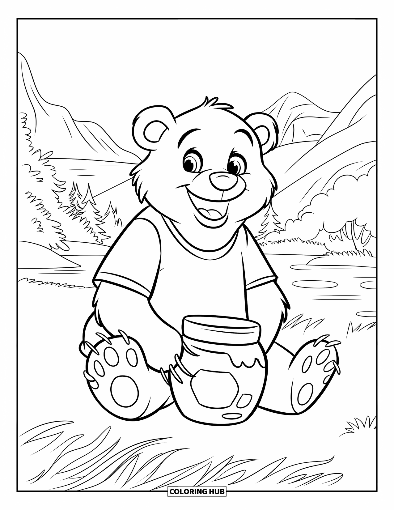Bear Coloring Page for Kids: Friendly bear in green t-shirt sits with a honey jar in a serene scene