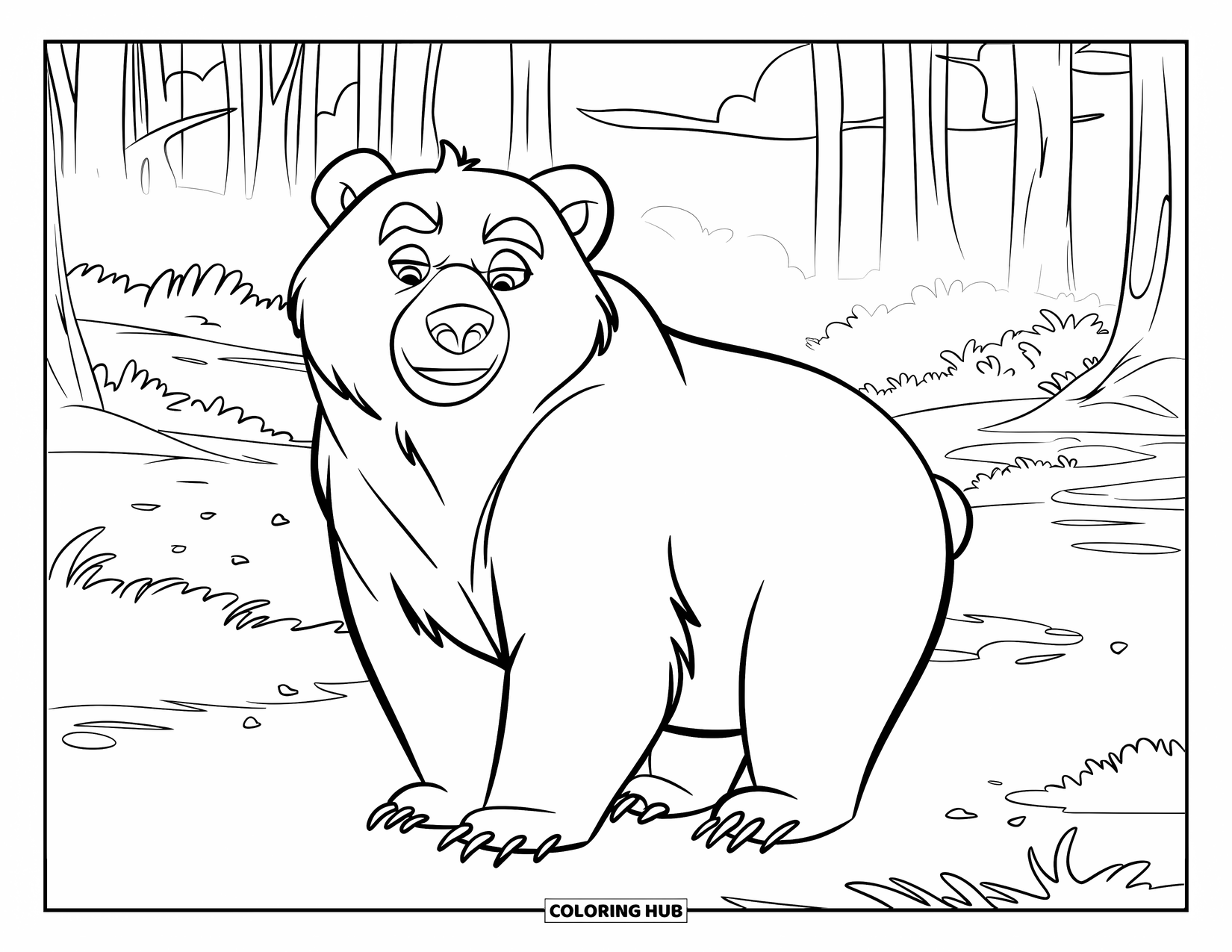 Bear Coloring Page for Kids: The bear stands tall in a misty forest, exuding strength and tranquility