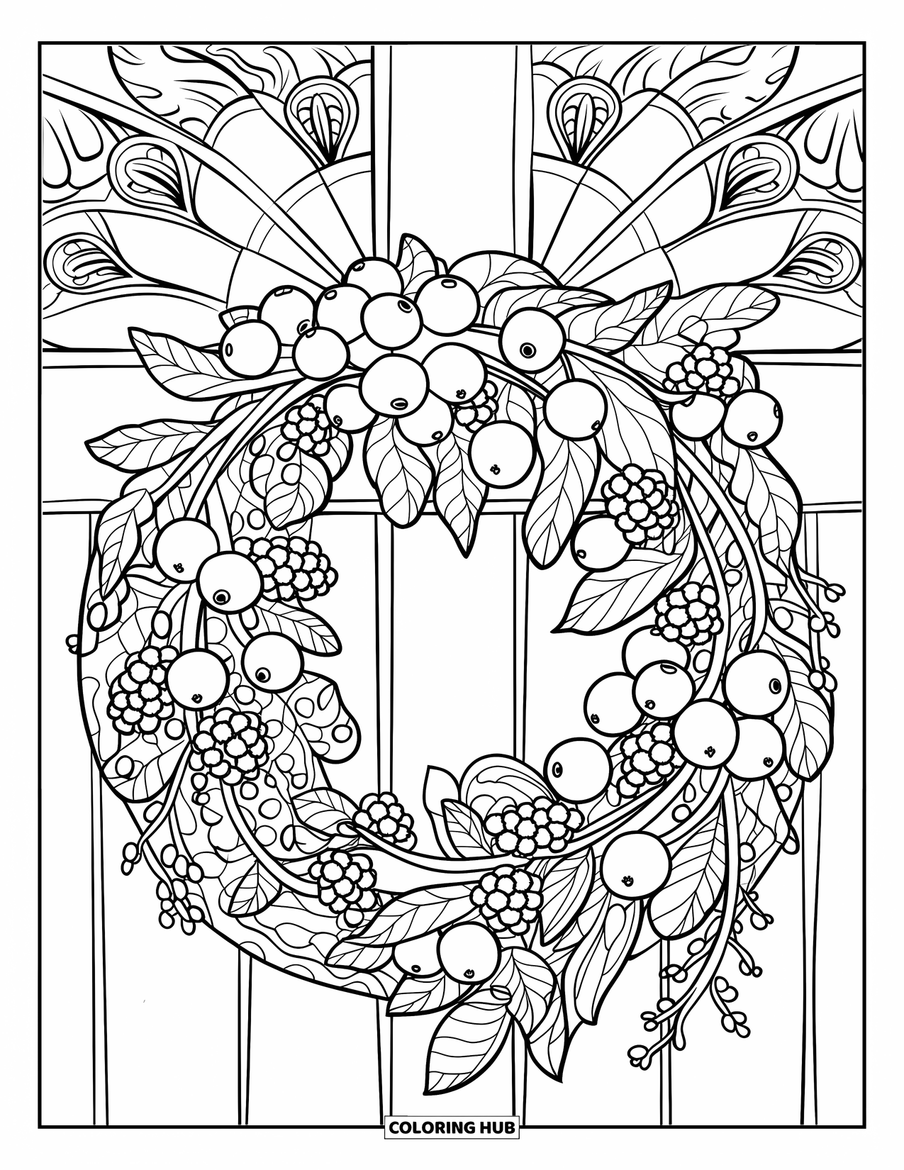 Blueberry Coloring Page for Adults: A beautifully detailed wreath of blueberries, flowers, and vines hanging on a wooden door