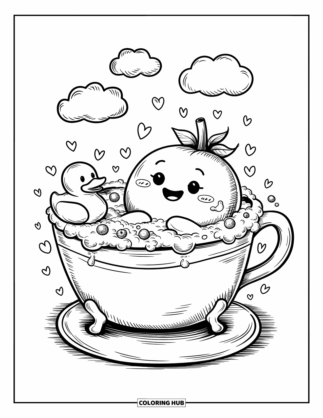 Blueberry Coloring Page for Adults: A blueberry character lounges in a bubbly teacup bath with a rubber ducky
