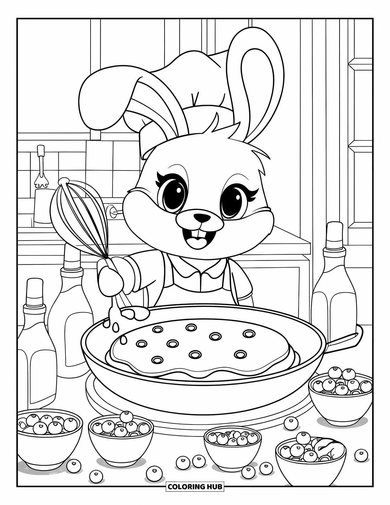 Blueberry Coloring Page for Adults: A bunny chef in an apron flips a giant blueberry pancake in a cozy kitchen
