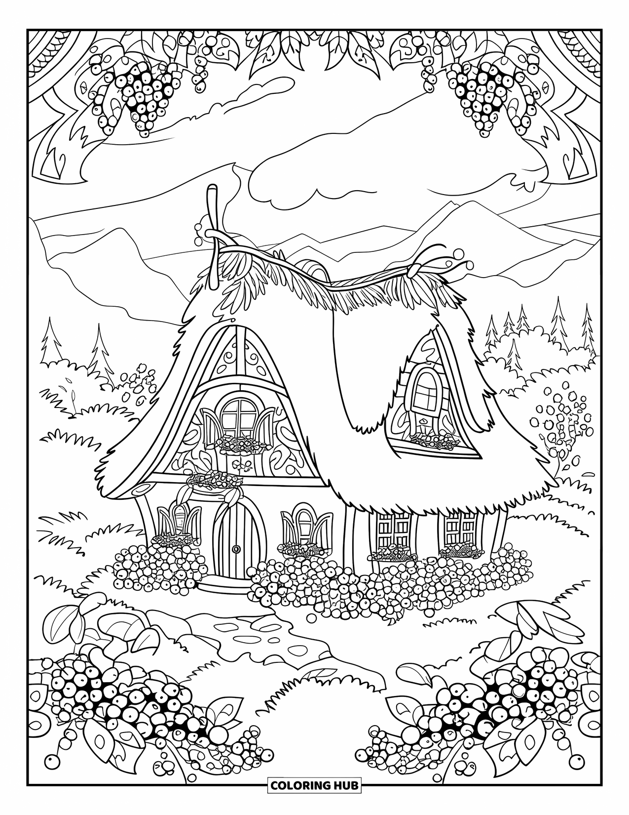 Blueberry Coloring Page for Adults: A charming countryside cottage with a blueberry garden and a peaceful forest setting