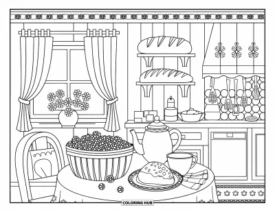 Blaubeeren-Ausmalbild für Erwachsene: Eine charmante Küchenecke mit frischen Blaubeeren, einer Teekanne und Blick aus dem Fenster
