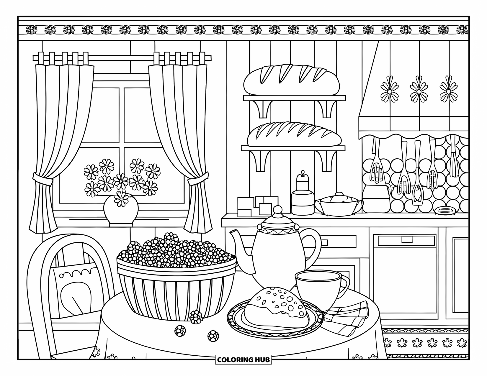 Blueberry Coloring Page for Adults: A charming kitchen nook with fresh blueberries, a teapot, and a window view