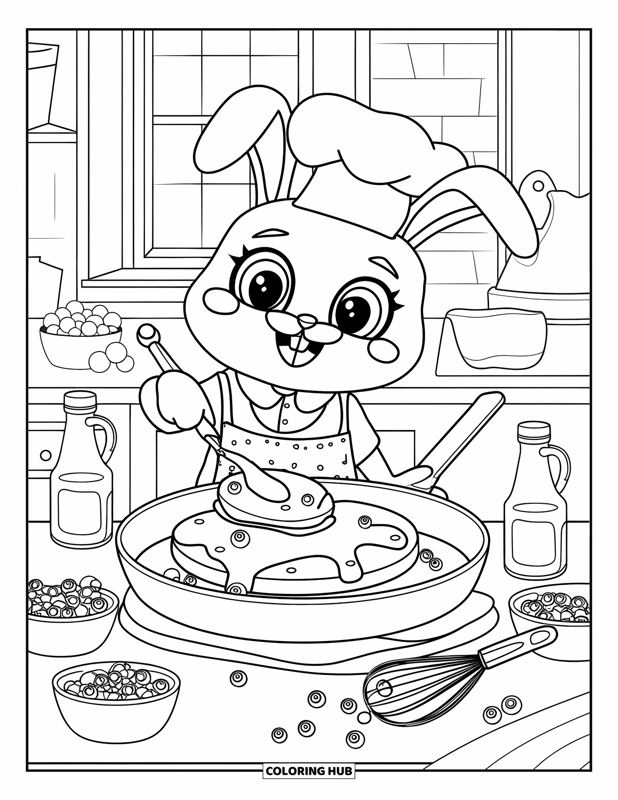 Blueberry Coloring Page for Adults: A cheerful bunny in a chef's hat expertly flips a blueberry pancake in a pan