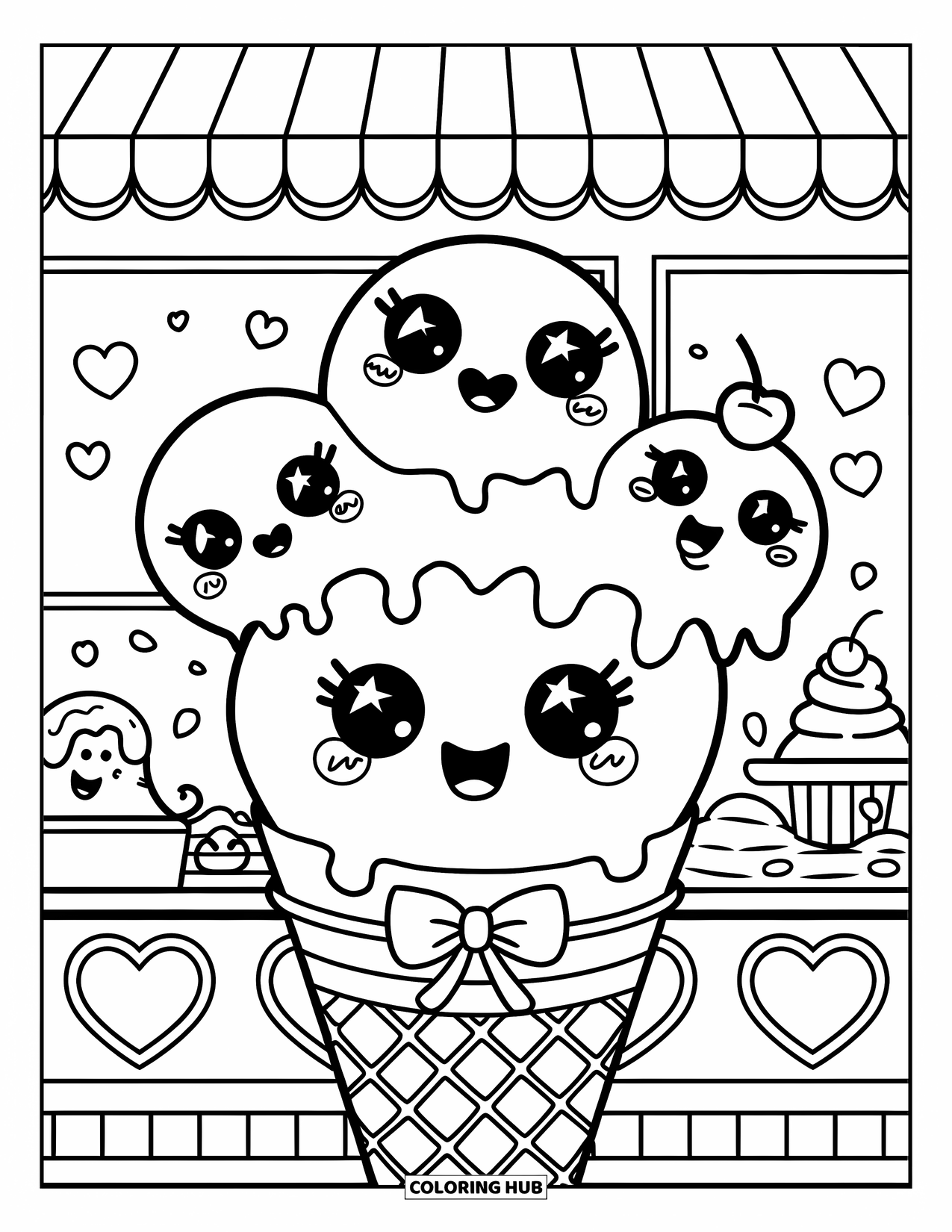 Blueberry Coloring Page for Adults: A cheerful waffle cone filled with blueberry ice cream enjoys a fun dessert shop scene