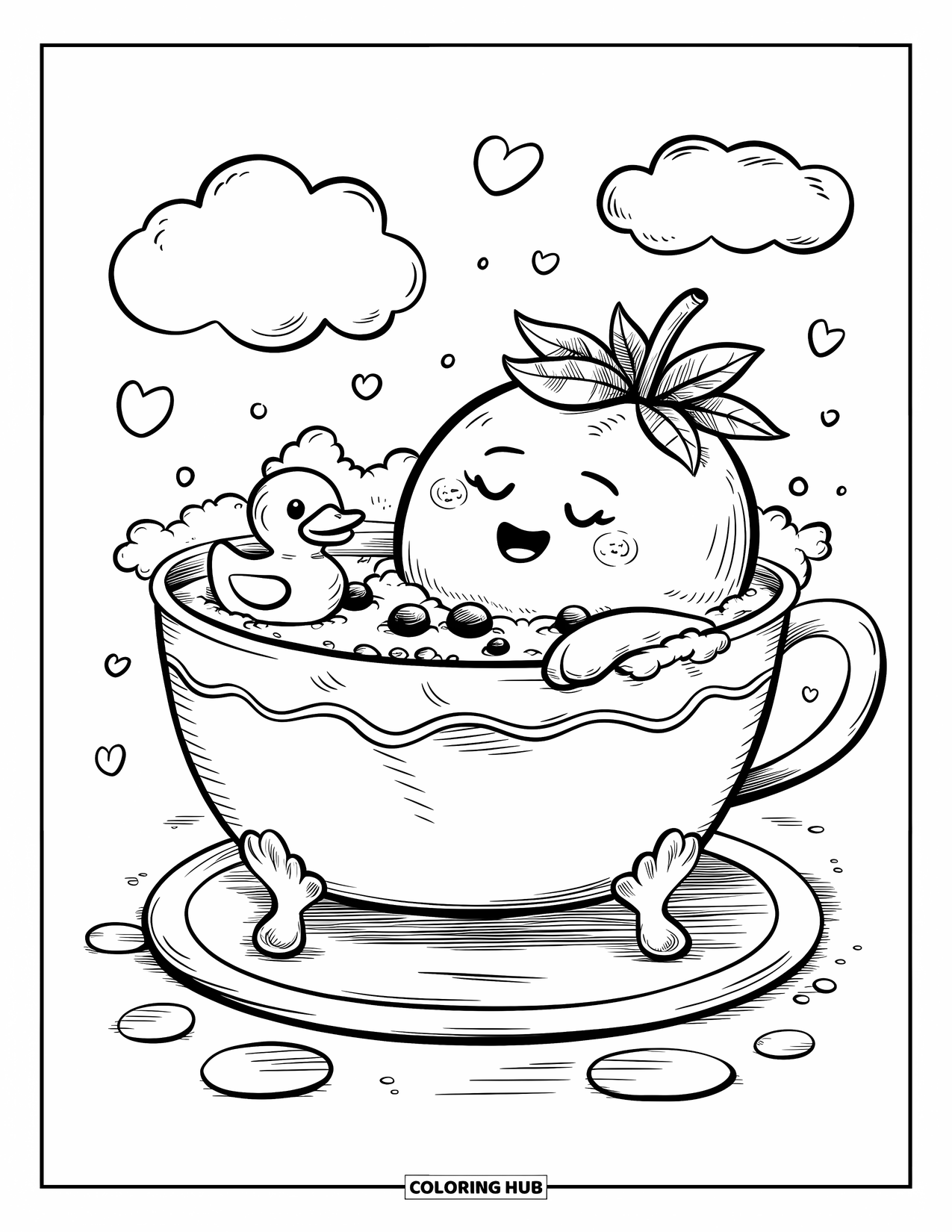 Blueberry Coloring Page for Adults: A chubby blueberry relaxes in a teacup bathtub, surrounded by bubbles and floating berries