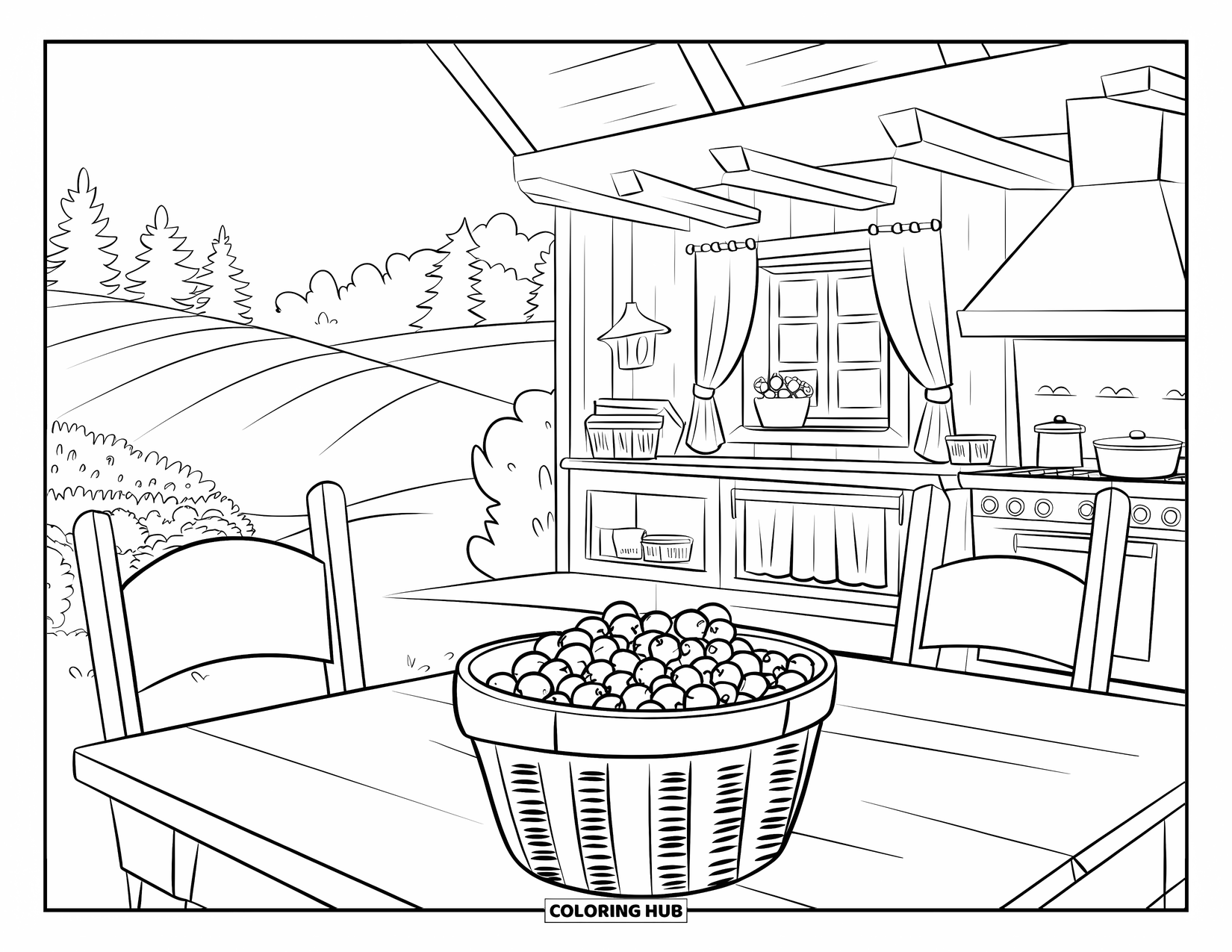 Blueberry Coloring Page for Adults: A cottage-style kitchen with a blueberry-filled table, a cozy rug, and wooden beams