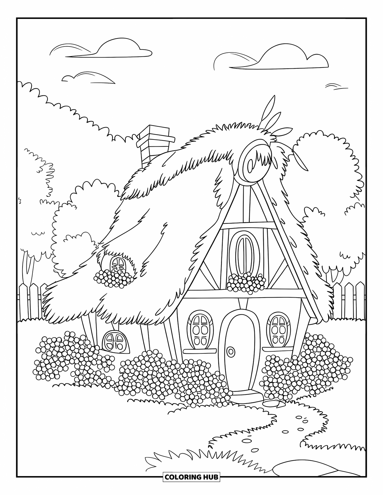 Blueberry Coloring Page for Adults: A cozy thatched-roof cottage surrounded by blueberry bushes and winding paths