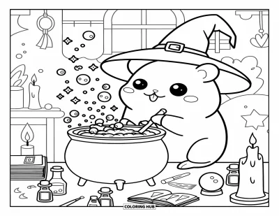 Blaubeeren-Ausmalbild für Erwachsene: Ein lieber Hexenhamster wirkt einen Blaubeeren-Zauber, umgeben von Trankflaschen und Büchern