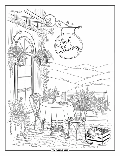 Blaubeeren-Ausmalbild für Erwachsene: Ein verträumtes Café mit rustikalem Schild, einer schlafenden Katze und frischen Blaubeeren in der Auslage