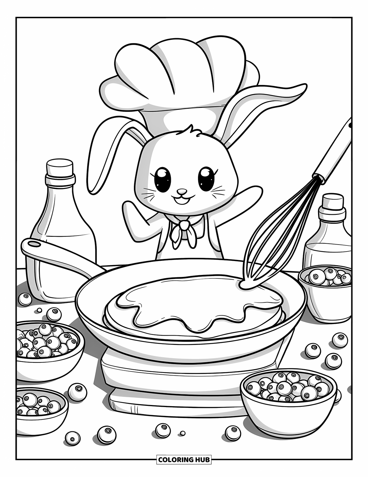 Blueberry Coloring Page for Adults: A fluffy bunny chef joyfully prepares a blueberry pancake with syrup and fresh berries