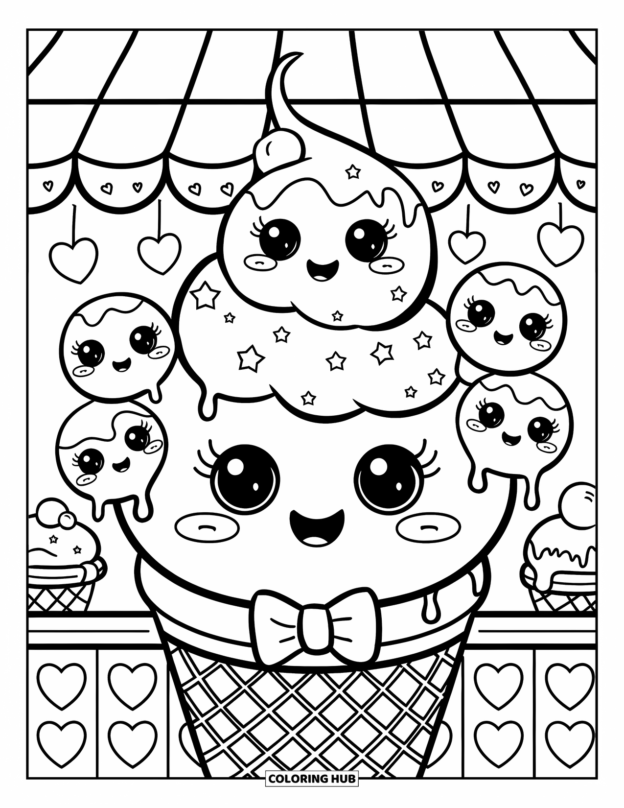 Blueberry Coloring Page for Adults: A giant blueberry ice cream cone with blushing cheeks sits in a kawaii dessert shop