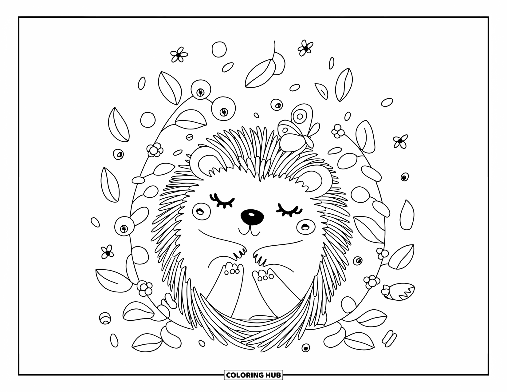 Blueberry Coloring Page for Adults: A hedgehog curls up in a blueberry bush as a butterfly lands on its nose