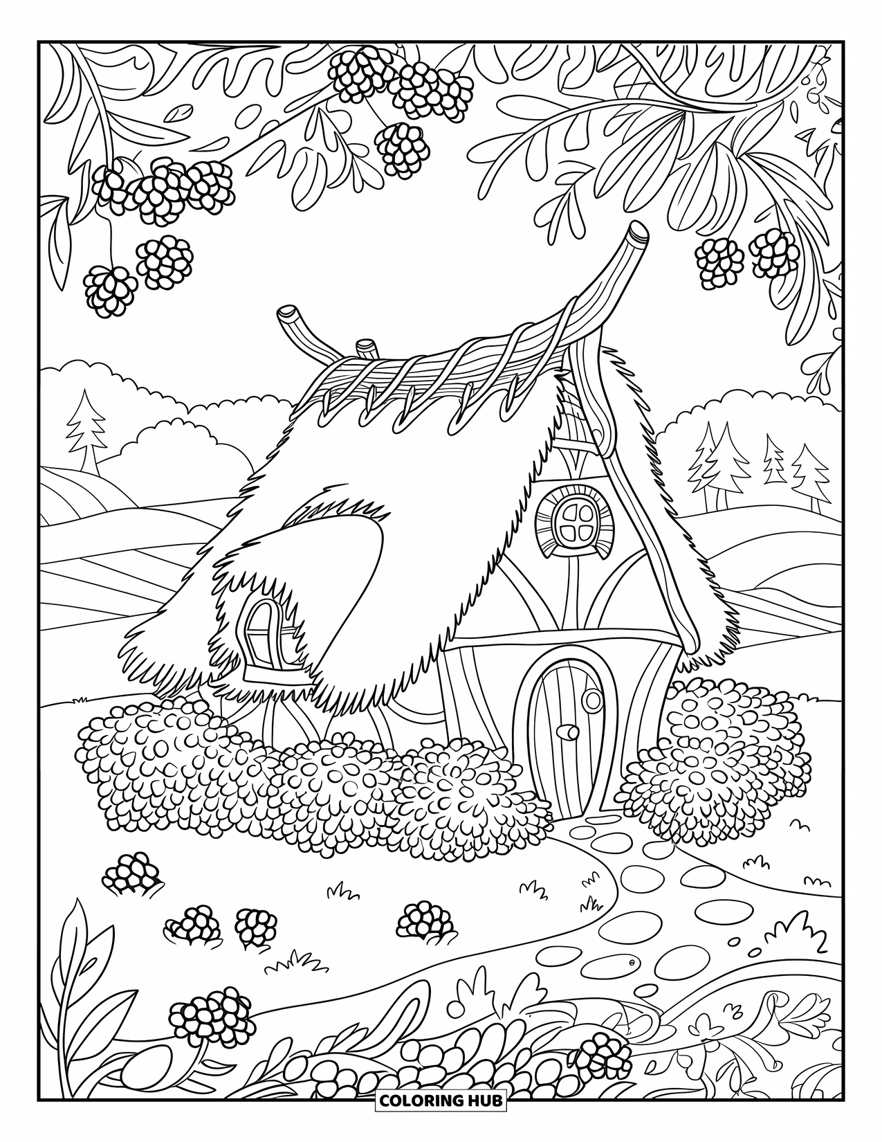 Blueberry Coloring Page for Adults: A magical cottage with wooden shutters, a berry-filled garden, and a mountain view